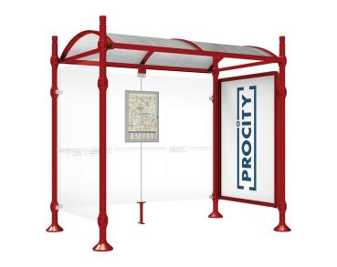 Wartehalle Province City Farbe:RAL 3004|Länge:2500 mm|Struktur:Mit Schaukasten 2000 und eienr Seitenverkleidung