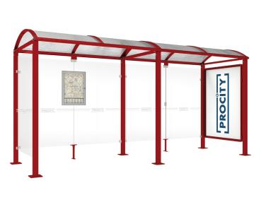 Wartehalle Malta Farbe:RAL 3004|Länge:5 000 mm|Struktur:Schaukasten 2000 rechts und Seiterverkleidung links