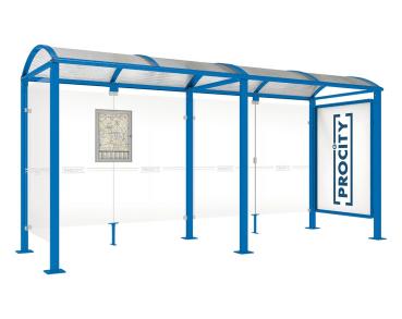 Wartehalle Malta Farbe:RAL 5010|Länge:5 000 mm|Struktur:Schaukasten 2000 rechts und Seiterverkleidung links