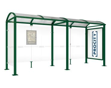 Wartehalle Malta Farbe:RAL 6005|Länge:5 000 mm|Struktur:Schaukasten 2000 rechts und Seiterverkleidung links