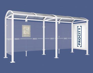 Wartehalle Malta Farbe:RAL 9010|Länge:5 000 mm|Struktur:Schaukasten 2000 rechts und Seiterverkleidung links
