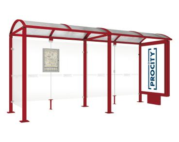Wartehalle Malta Farbe:RAL 3004|Länge:5 000 mm|Struktur:Beleuchteter VIP-Caisson rechts und Seitenverkleidung links