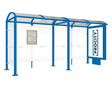 Wartehalle Malta Farbe:RAL 5010|Länge:5 000 mm|Struktur:Beleuchteter VIP-Caisson rechts und Seitenverkleidung links