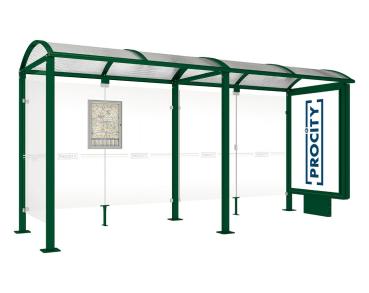 Wartehalle Malta Farbe:RAL 6005|Länge:5 000 mm|Struktur:Beleuchteter VIP-Caisson rechts und Seitenverkleidung links