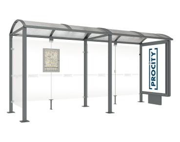 Wartehalle Malta Farbe:Procity grau|Länge:5 000 mm|Struktur:Beleuchteter VIP-Caisson rechts und Seitenverkleidung links