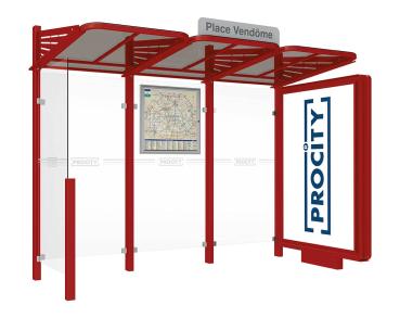 Wartehalle Convi Farbe:RAL 3004|Struktur:Beleuchteter VIP-Caisson rechts und Seitenverkleidung links