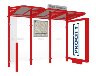 Wartehalle Convi Farbe:RAL 3020|Struktur:Beleuchteter VIP-Caisson rechts und Seitenverkleidung links