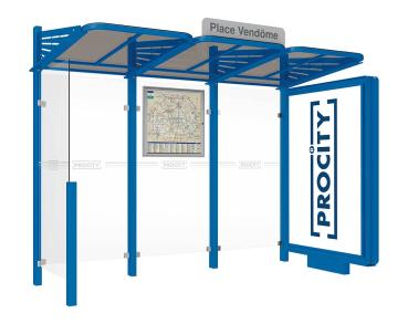 Wartehalle Convi Farbe:RAL 5010|Struktur:Beleuchteter VIP-Caisson rechts und Seitenverkleidung links
