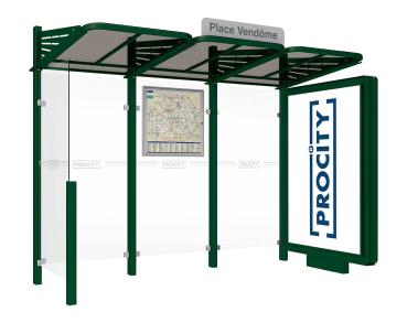 Wartehalle Convi Farbe:RAL 6005|Struktur:Beleuchteter VIP-Caisson rechts und Seitenverkleidung links