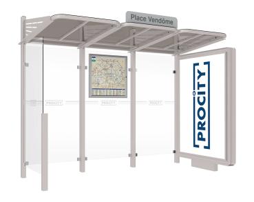 Wartehalle Convi Farbe:RAL 7044|Struktur:Beleuchteter VIP-Caisson rechts und Seitenverkleidung links