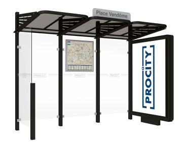 Wartehalle Convi Farbe:RAL 9005|Struktur:Beleuchteter VIP-Caisson rechts und Seitenverkleidung links