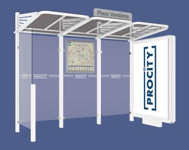 Wartehalle Convi Farbe:RAL 9010|Struktur:Beleuchteter VIP-Caisson rechts und Seitenverkleidung links