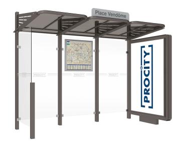 Wartehalle Convi Farbe:Procity grau|Struktur:Beleuchteter VIP-Caisson rechts und Seitenverkleidung links
