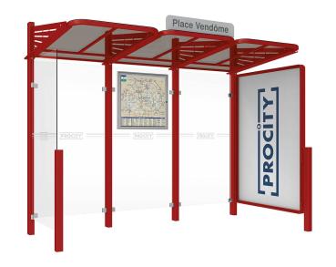 Wartehalle Convi Farbe:RAL 3004|Struktur:Schaukasten 2000 rechts und Seiterverkleidung links