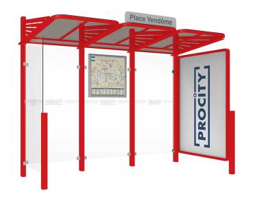 Wartehalle Convi Farbe:RAL 3020|Struktur:Schaukasten 2000 rechts und Seiterverkleidung links