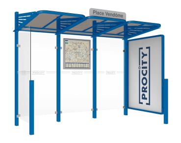 Wartehalle Convi Farbe:RAL 5010|Struktur:Schaukasten 2000 rechts und Seiterverkleidung links