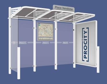 Wartehalle Convi Farbe:RAL 9010|Struktur:Schaukasten 2000 rechts und Seiterverkleidung links