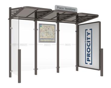 Wartehalle Convi Farbe:Procity grau|Struktur:Schaukasten 2000 rechts und Seiterverkleidung links