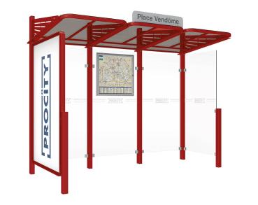 Wartehalle Convi Farbe:RAL 3004|Struktur:Schaukasten 2000 links und Seitenverkleidung rechts
