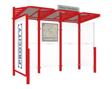 Wartehalle Convi Farbe:RAL 3020|Struktur:Schaukasten 2000 links und Seitenverkleidung rechts