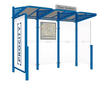 Wartehalle Convi Farbe:RAL 5010|Struktur:Schaukasten 2000 links und Seitenverkleidung rechts