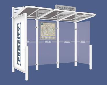 Wartehalle Convi Farbe:RAL 9010|Struktur:Schaukasten 2000 links und Seitenverkleidung rechts