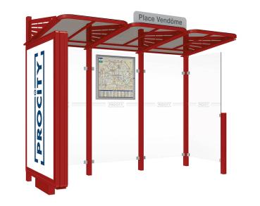 Wartehalle Convi Farbe:RAL 3004|Struktur:Beleuchteter VIP-Caisson links und Seitenverkleidung rechts