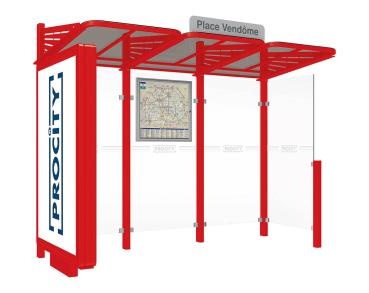 Wartehalle Convi Farbe:RAL 3020|Struktur:Beleuchteter VIP-Caisson links und Seitenverkleidung rechts