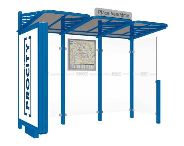 Wartehalle Convi Farbe:RAL 5010|Struktur:Beleuchteter VIP-Caisson links und Seitenverkleidung rechts