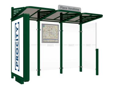 Wartehalle Convi Farbe:RAL 6005|Struktur:Beleuchteter VIP-Caisson links und Seitenverkleidung rechts