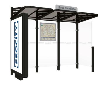 Wartehalle Convi Farbe:RAL 9005|Struktur:Beleuchteter VIP-Caisson links und Seitenverkleidung rechts