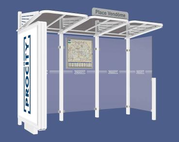 Wartehalle Convi Farbe:RAL 9010|Struktur:Beleuchteter VIP-Caisson links und Seitenverkleidung rechts