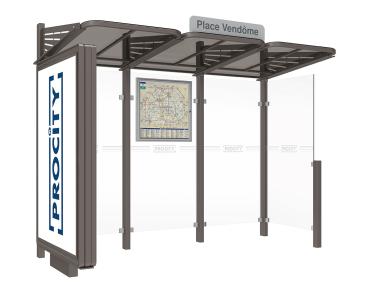 Wartehalle Convi Farbe:Procity grau|Struktur:Beleuchteter VIP-Caisson links und Seitenverkleidung rechts