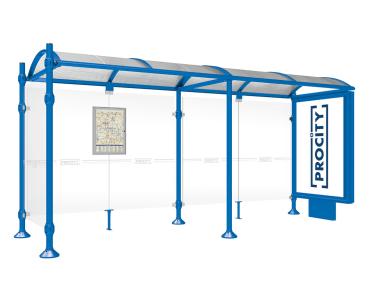 Wartehalle Province Gebürsteter Edelstahl Farbe:RAL 5010|Länge:5000 mm|Struktur:Mit Leuchtcaisson und einer Seitenverkleidung