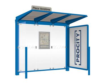 Wartehalle Venedig Farbe:RAL 5010|Länge:2500 mm|Struktur:Mit Schaukasten 2000 und eienr Seitenverkleidung