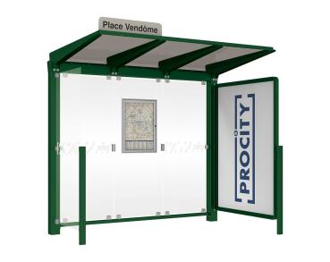 Wartehalle Venedig Farbe:RAL 6005|Länge:2500 mm|Struktur:Mit Schaukasten 2000 und eienr Seitenverkleidung