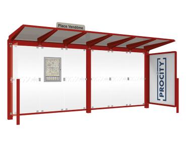Wartehalle Venedig Farbe:RAL 3004|Länge:5000 mm|Struktur:Mit Schaukasten 2000 und eienr Seitenverkleidung