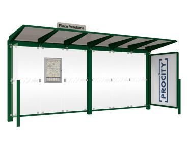 Wartehalle Venedig Farbe:RAL 6005|Länge:5000 mm|Struktur:Mit Schaukasten 2000 und eienr Seitenverkleidung