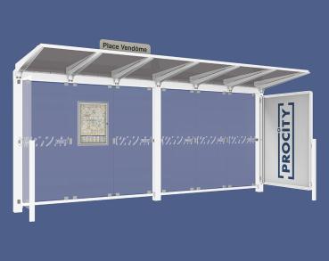 Wartehalle Venedig Farbe:RAL 9010|Länge:5000 mm|Struktur:Mit Schaukasten 2000 und eienr Seitenverkleidung