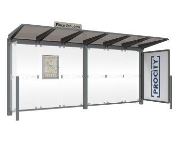 Wartehalle Venedig Farbe:RAL 3004|Länge:5000 mm|Struktur:Mit Schaukasten 2000 und Seitenverkleidung LED-Version