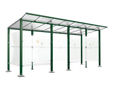 Raucherunterstand Modulo Farbe:RAL 6005|Struktur:Mit Frontverkleidung|Weitere Merkmale:Auf Bodenplatten|Abmessungen:5000 mm - Tiefe 2000 mm