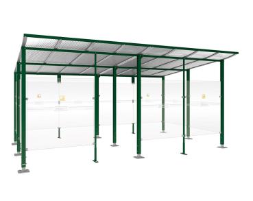 Raucherunterstand Modulo Farbe:RAL 6005|Struktur:Mit Frontverkleidung|Weitere Merkmale:Auf Bodenplatten|Abmessungen:5000 mm - Tiefe 3400 mm
