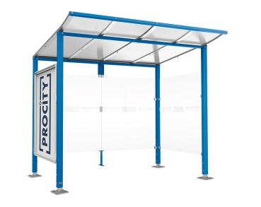 Wartehalle Modulo Farbe:RAL 5010|Länge:2 500 mm|Struktur:Schaukasten und eine Seitenverkleidung|Weitere Merkmale:Auf Bodenplatten