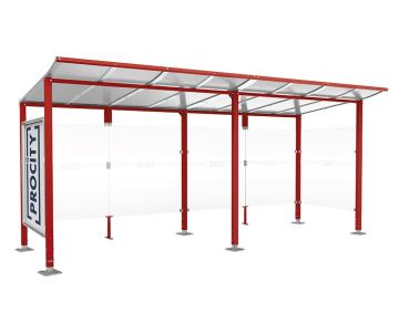 Wartehalle Modulo Farbe:RAL 3004|Länge:5 000 mm|Struktur:Schaukasten und eine Seitenverkleidung|Weitere Merkmale:Auf Bodenplatten