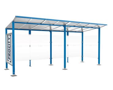 Wartehalle Modulo Farbe:RAL 5010|Länge:5 000 mm|Struktur:Schaukasten und eine Seitenverkleidung|Weitere Merkmale:Auf Bodenplatten