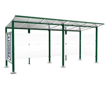 Wartehalle Modulo Farbe:RAL 6005|Länge:5 000 mm|Struktur:Schaukasten und eine Seitenverkleidung|Weitere Merkmale:Auf Bodenplatten