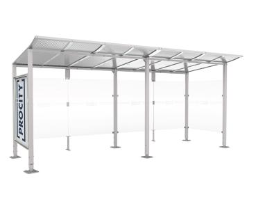 Wartehalle Modulo Farbe:RAL 7044|Länge:5 000 mm|Struktur:Schaukasten und eine Seitenverkleidung|Weitere Merkmale:Auf Bodenplatten