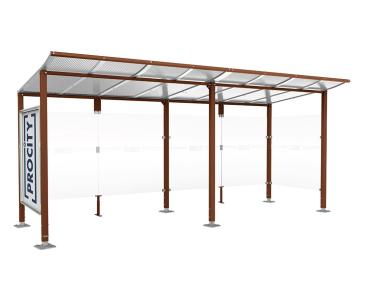 Wartehalle Modulo Farbe:Rost Korten Effekt|Länge:5 000 mm|Struktur:Schaukasten und eine Seitenverkleidung|Weitere Merkmale:Auf Bodenplatten