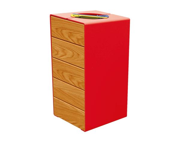 Abfalltrennsystem Kube. aus Stahl und Holz Farbe:RAL 3020|Fertigstellung Holz:Tropenholz - Lasur helle Eiche