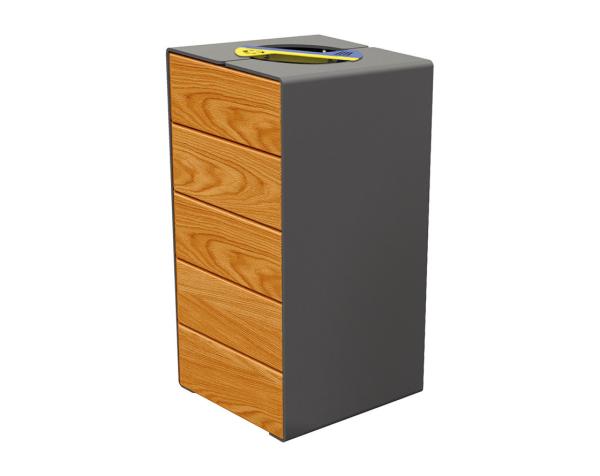 Abfalltrennsystem Kube. aus Stahl und Holz Farbe:Procity grau|Fertigstellung Holz:Tropenholz - Lasur helle Eiche